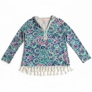 Lilly Pulitzer Women's XS Blue Green Hoodie Tassel Print Pullover Long Sleeve